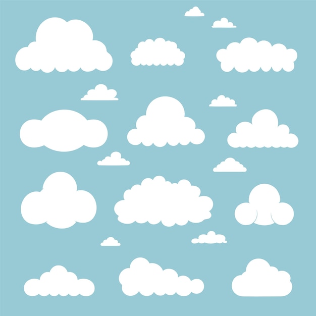 vector collection set of solid white cloud on light blue background