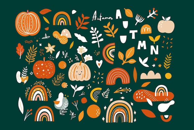 Vector collection with autumn symbols and elements. Autumn pumpkins and Rainbows