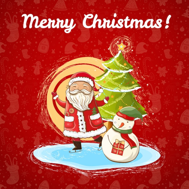 Vector color bright Christmas template for  with illustration of happy Santa Claus, snowman and bright Christmas tree. Hand-drawn, .