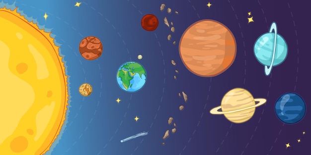 Vector Color Cartoon Illustration Solar System with Sun and all Planets