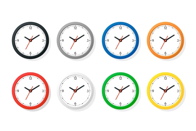 Vector Color Flat Wall Office Clock Icon Set Isolated on White Different Colors White Dial Design Template of Wall Clock Closeup Mockup for Branding Advertise Top Front View