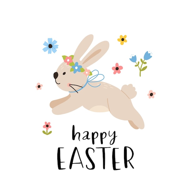 Vector color handdrawn children cute easter poster with bunny wreath of flowers in scandinavian style on a white background Easter set Spring Happy easter