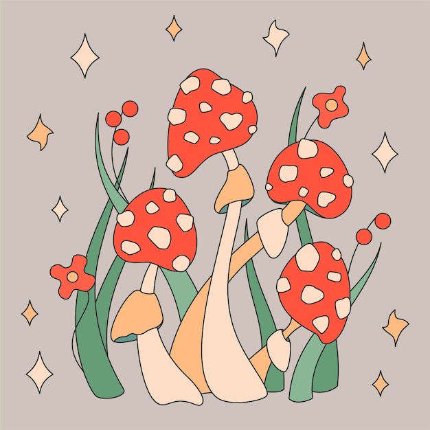 Vector color illustration of fly agaric mushrooms herbs and flowers in the colors of 1970