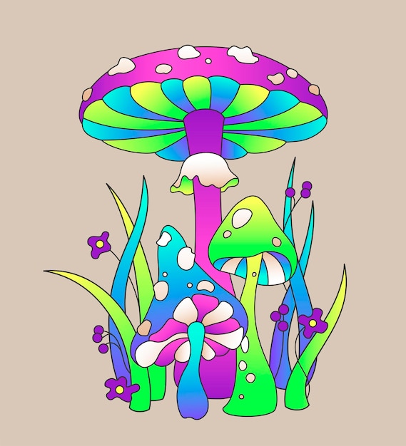 Vector color illustration of mushrooms fly agarics toadstools herbs and flowers in bright neon colors