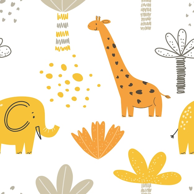 Vector colored seamless children's pattern with adorable elephant and giraffe in scandinavian style