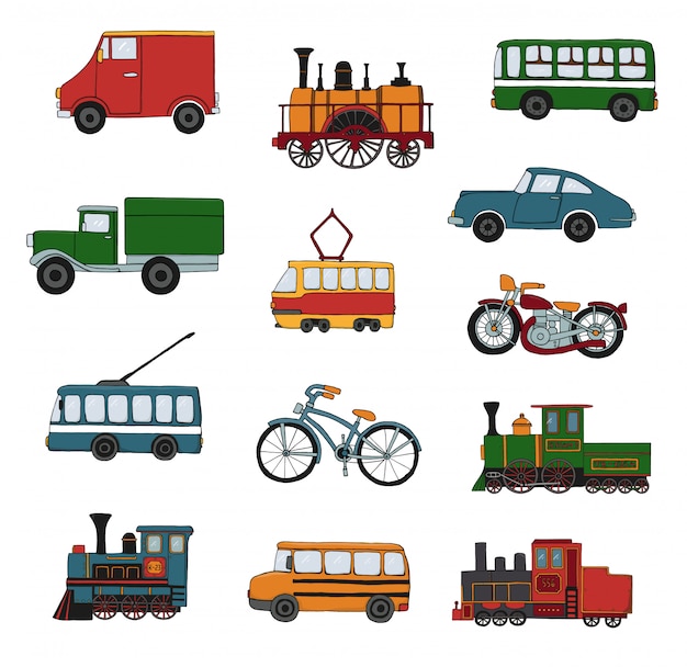 Vector colored set of retro engines and transport