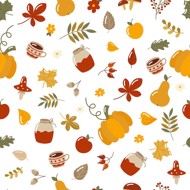 Vector vector colorful autumn natural seamless pattern with fall leaves fruits pumpkins and mushrooms fa