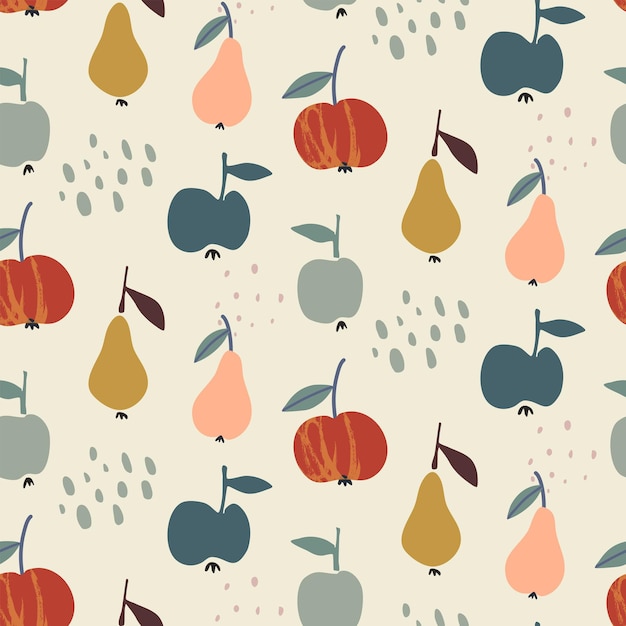 Vector colorful autumn natural seamless pattern with fruits pear and apple