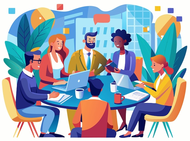 Vector vector colorful business meeting scene with diverse professionals engaged in discussion using brig