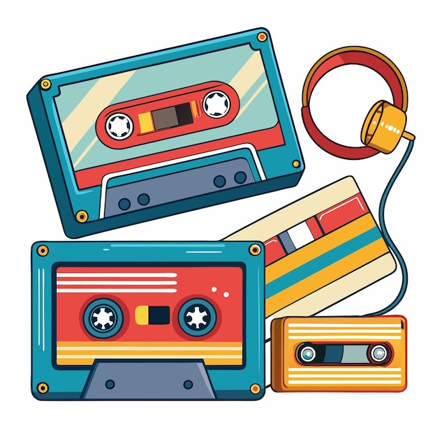 Vector vector colorful cassette tape illustration 90s divicees and toys