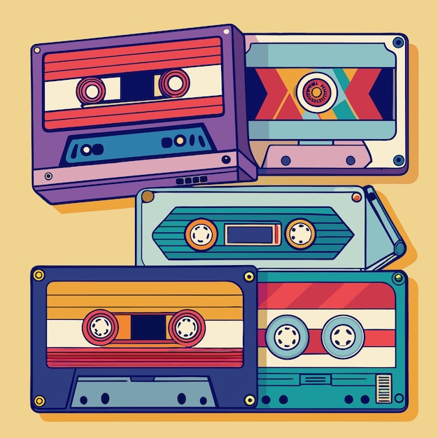 Vector vector colorful cassette tape illustration 90s divicees and toys