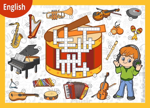 Vector colorful crossword in English Cartoon boy in headphones and set of musical instruments