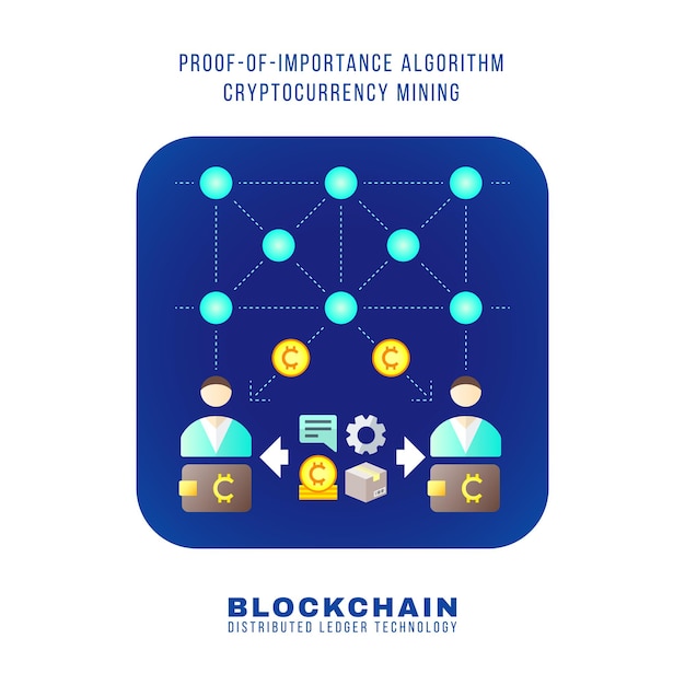 Vector colorful flat design proof of importance algorithm cryptocurrency POI mining principle explain scheme illustration blue rounded square icon isolated white background