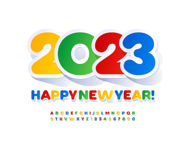 Vector colorful Greeting Card Happy New Year 2023! Bright sticker Font. Decorative Alphabet Letters