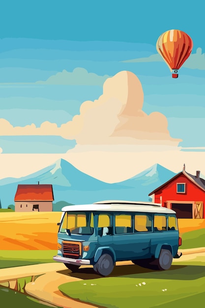 Vector colorful illustration a bus with rural landscape