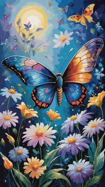 Vector of a colorful moth painting with flowers in the background