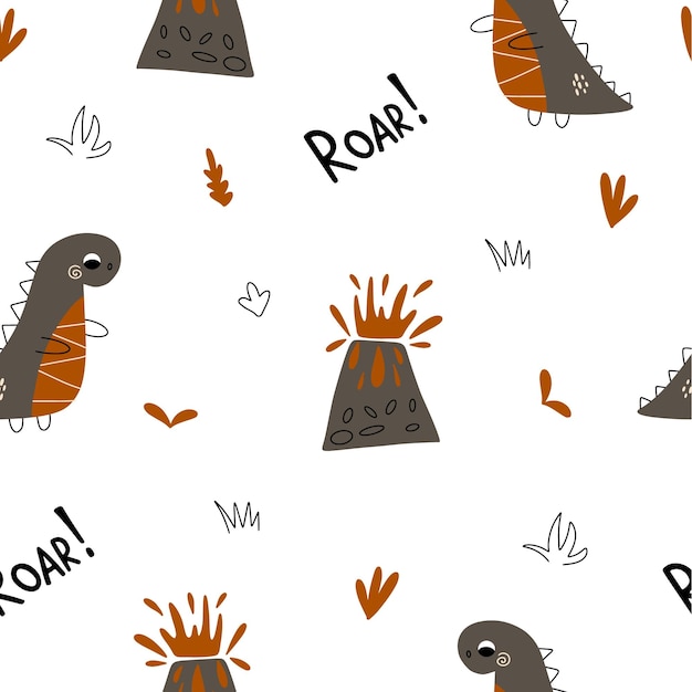 Vector colorful pattern with cute dinosaurs and textures in boho style on a white background Baby illustration isolated on white background for your design