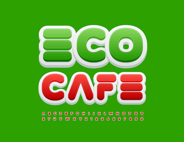 Vector Colorful Poster Eco Cafe. Unique Red Font. Artistic 3D Alphabet Letters, Numbers and Symbols