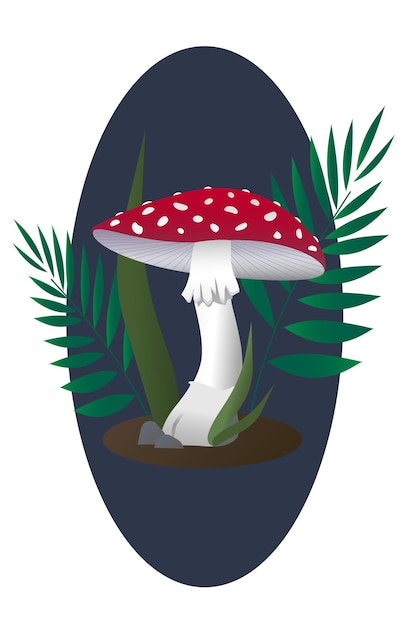 Vector colorful print with a red mushroom fly agaric and plants