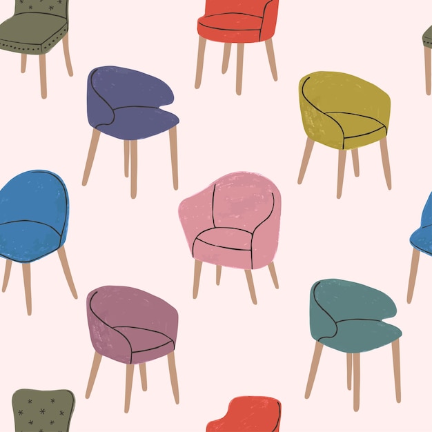 Vector colorful seamless pattern with hand drawn textured illustrations of modern comfortable armchairs. Elements for interior design