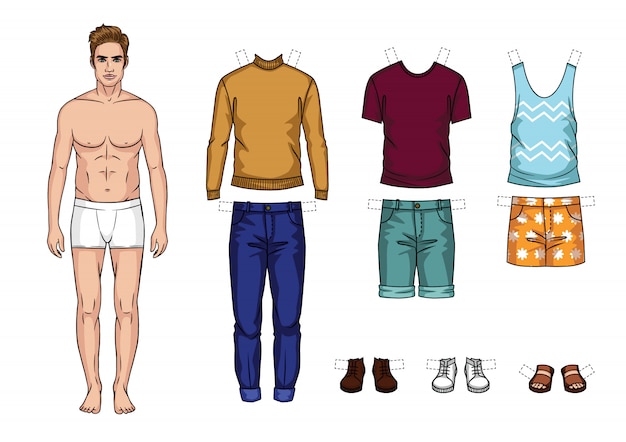 Vector vector colorful set of fashionable men's outfits isolated. cartoon style guy paper doll with summer clothes