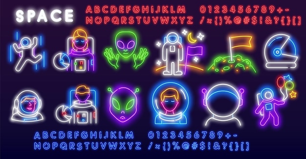 Vector colorful set of space neon lamp icons glowing rocket planets alien ship sun moon comet and st