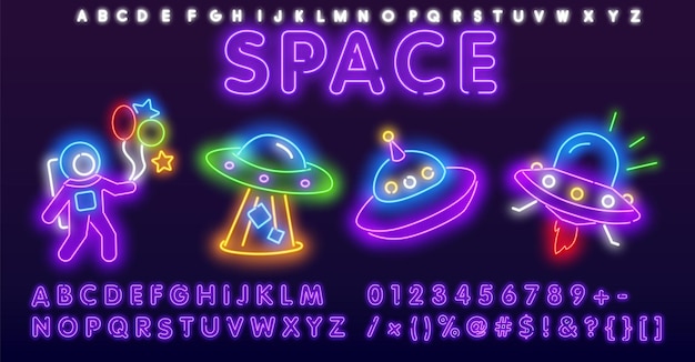 Vector colorful set of space neon lamp icons glowing rocket planets alien ship sun moon comet and st