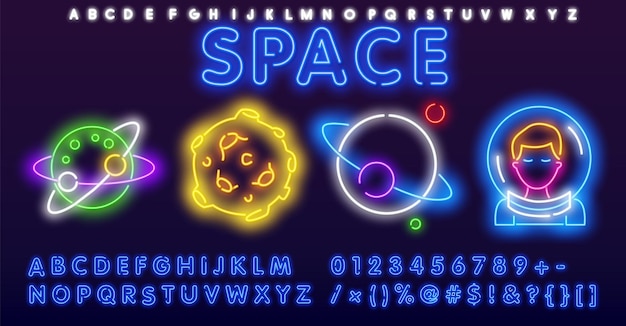 Vector colorful set of space neon lamp icons glowing rocket planets alien ship sun moon comet and st