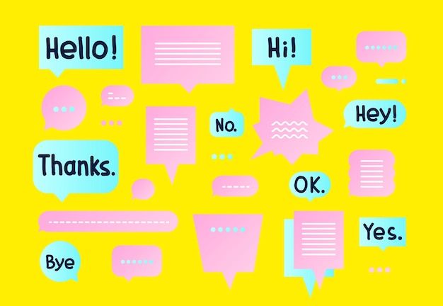 Vector colorful Simple flat speech bubbles shapes set and trendy hand drawn short phrases Blue Pink Yellow colors