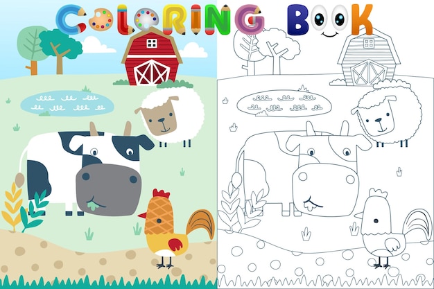 Vector coloring book with cartoon farm animals in farm land