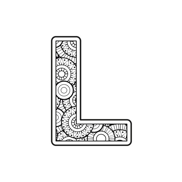 Vector vector coloring page for adults contour black and white capital english letter l on a mandala background