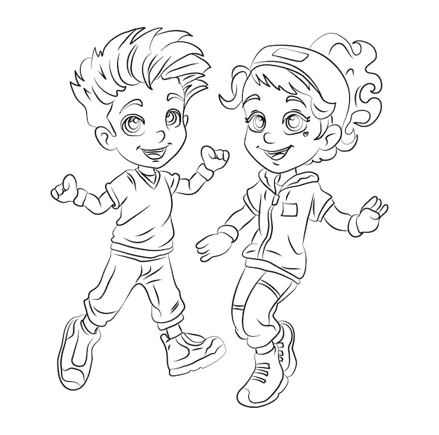 Vector coloring page cheerful little girl and boy Dancers