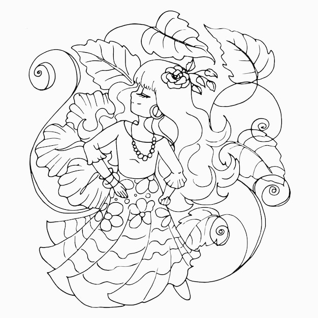 vector coloring page with cute anime girl