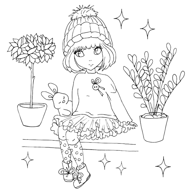 vector coloring page with cute anime girl