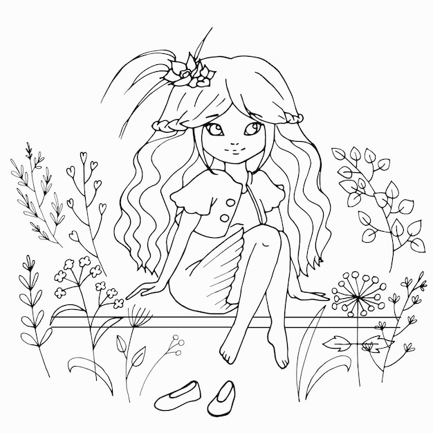 vector coloring page with cute anime girl