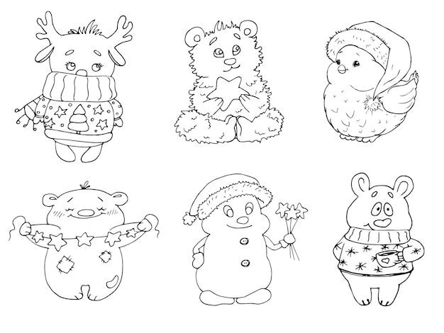 vector coloring page with cute cartoon animals