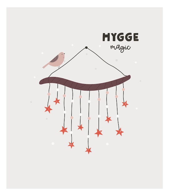 Vector composition with decorative garland and bird text Hygge magic