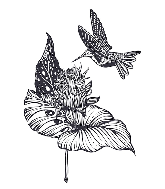 Vector composition with tropical flowers hummingbird jungle palm exotic leaves