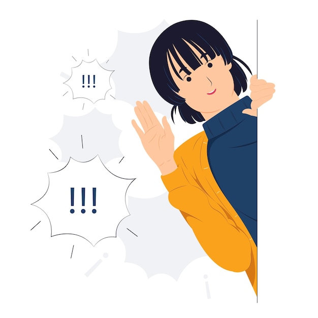 Vector concept illustration Cheerful Young Woman say hi standing behind a wall while peeking with curiosity startled shocked Surprised peeping listening discovery and Pay attention flat cartoon style