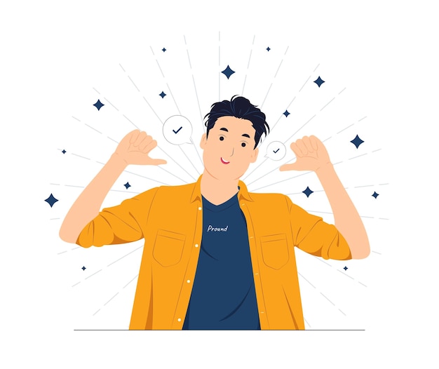 Vector concept illustration Successful Young Business man with high self esteem and confidence dressed in stylish suit pointing himself with fingers proud and happy flat cartoon style