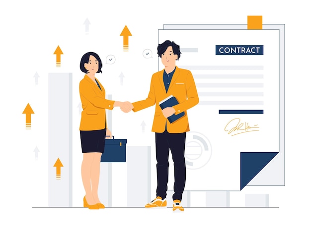 Vector concept illustration of two business partners handshaking Meeting Partnership business deal agreement Signing a contract flat cartoon style