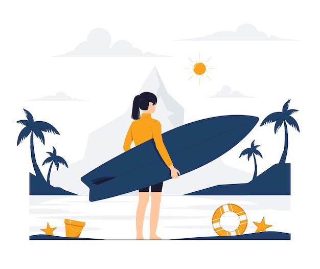 Vector concept illustration of young Beautiful woman standing from behind with a surf board on beach Summer time flat cartoon style