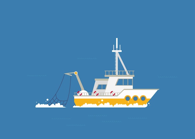 Vector concept of river ocean and sea fishing boat