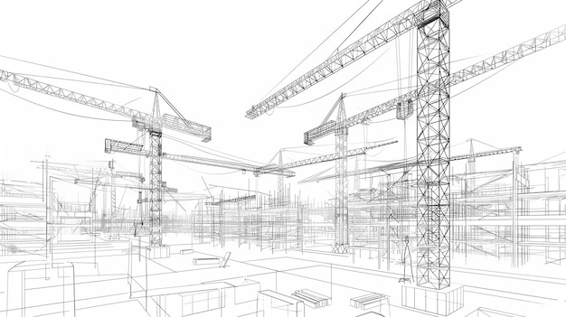 Vector a construction site with lots of tower cranes low poly wireframe digital vector illustration