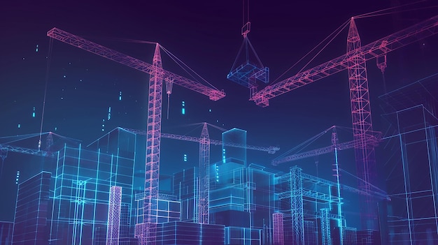 Vector a construction site with lots of tower cranes low poly wireframe digital vector illustration