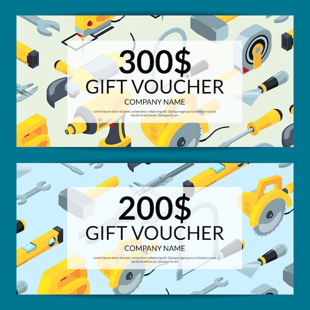 Vector construction tools gift voucher discount horizontal cards