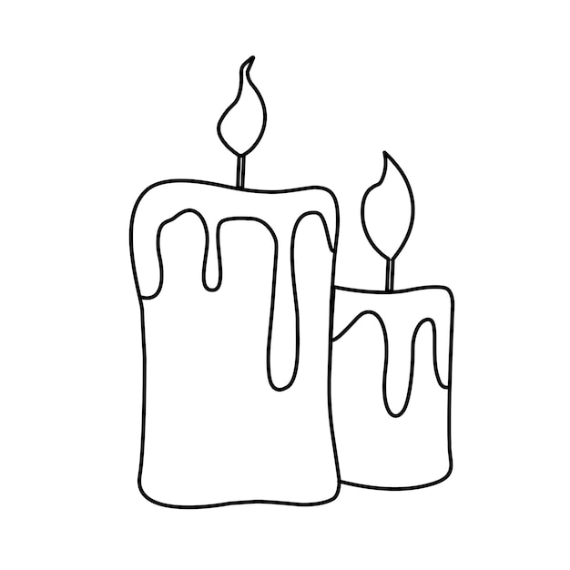 Vector Contour black and white drawing of two burning melted candles