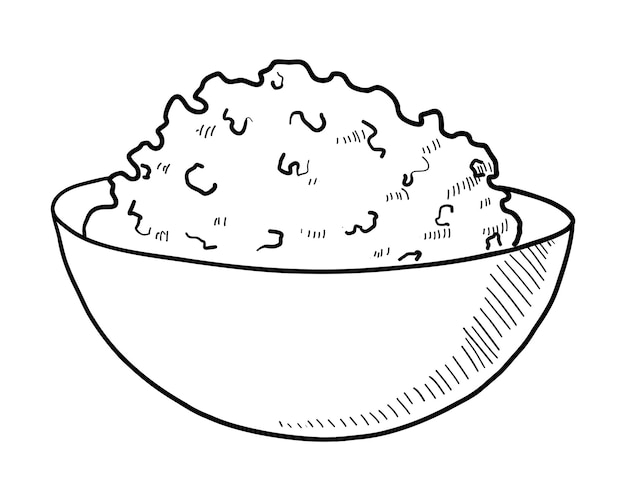 VECTOR CONTOUR DRAWING OF A DEEP PLATE WITH COTTAGE CHEESE OR PORRIDGE ON A WHITE BACKGROUND