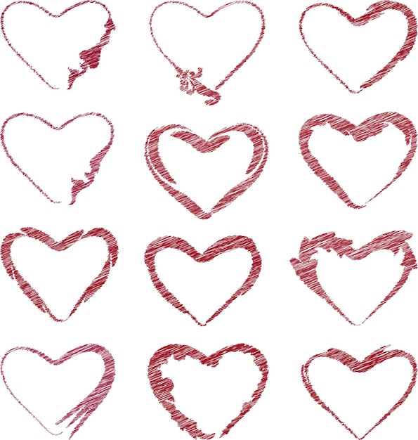 Vector contour scribble drawings of set decorative abstract red heart shapes