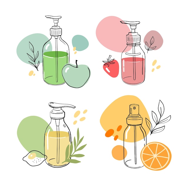 Vector cosmetic bottles Beauty product illustrations set Body spray gel in a pump bottle